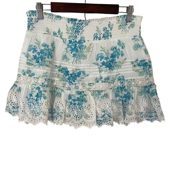 LoveShackFancy Jimena Skirt Magic Turquoise Floral Eyelet Ruffle Mini XL New - Picture 3 of 10